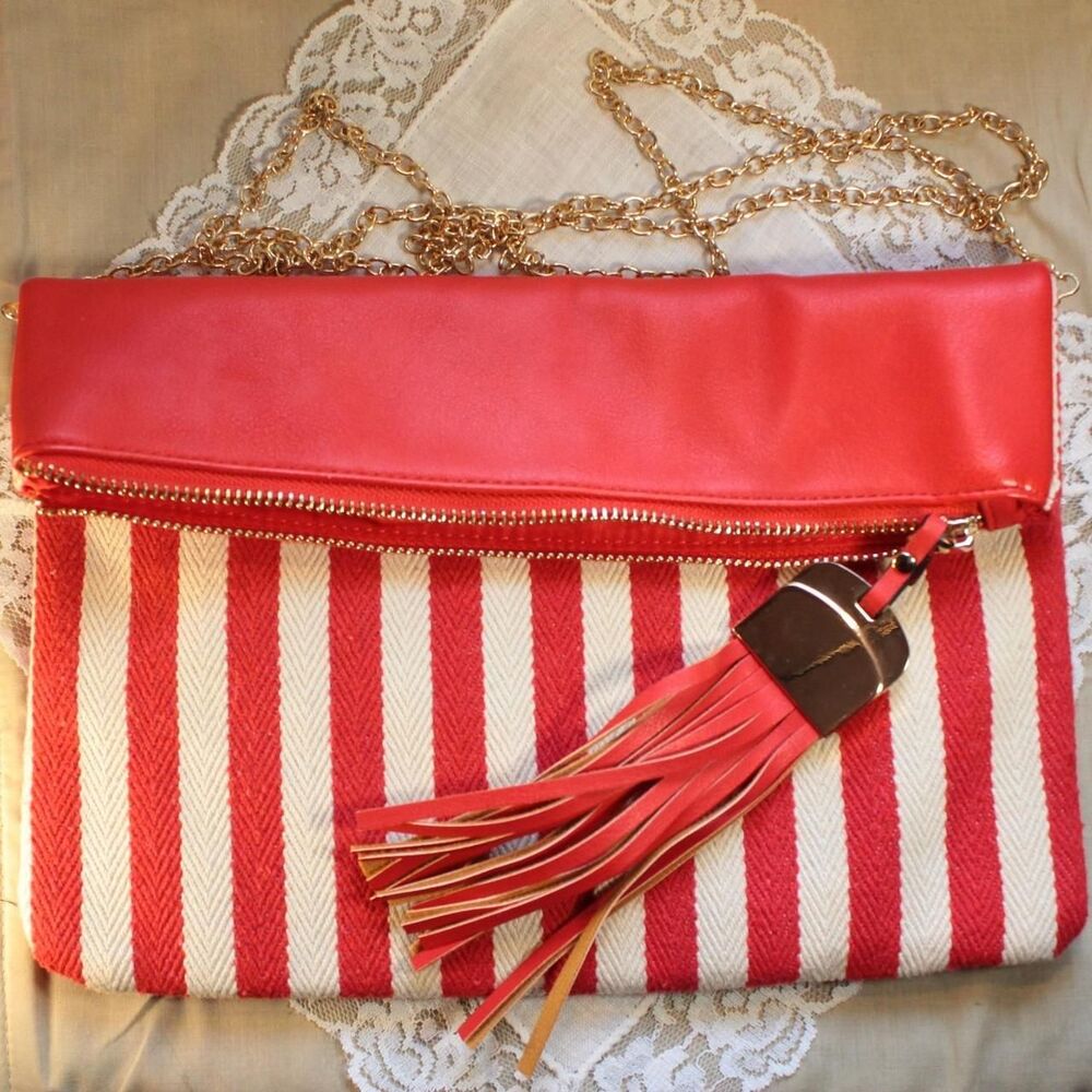 Bam Forever retro red and white striped crossbody bag with gold-tone strap